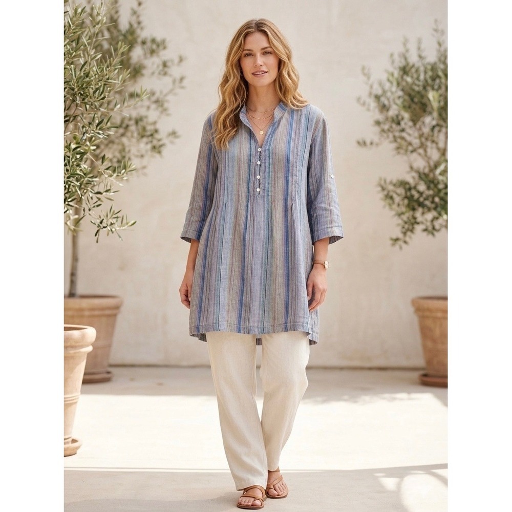 CP Shades Womens 100% Linen Striped Tunic Roll Tab Sleeve Henley Top Blue Small